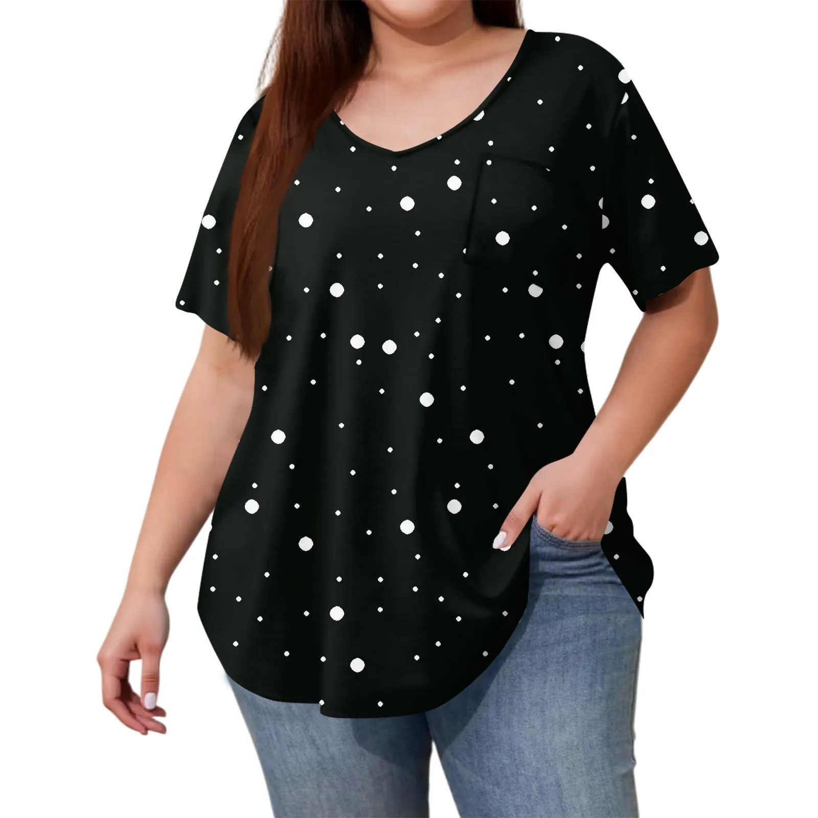 Plus size v-neck short-sleeved T-shirt women's fashionable retro polka dot print top summer loose plus sized t shirts top