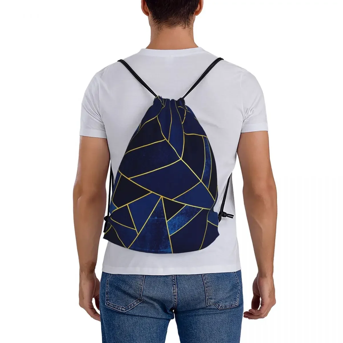 Mochilas de líneas amarillas de piedra azul, bolsas con cordón multifunción, paquete con cordón, bolsa para zapatos de bolsillo, mochila para estudiantes de viaje