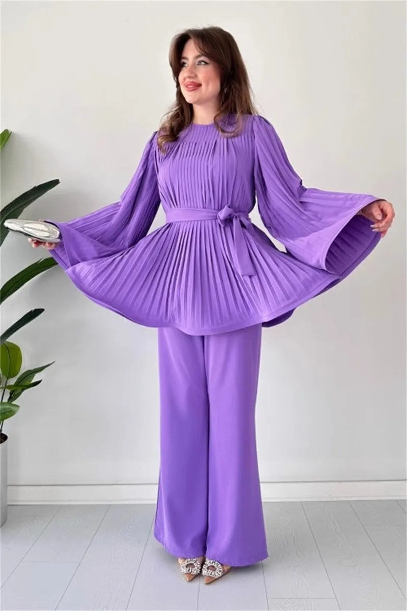 

2 Piece Set Elegant Pleated Top Set Women Loose Long Batwing Sleeve Big Swing Wide Leg Pants Sets Female Suit 2024 Spring Lady