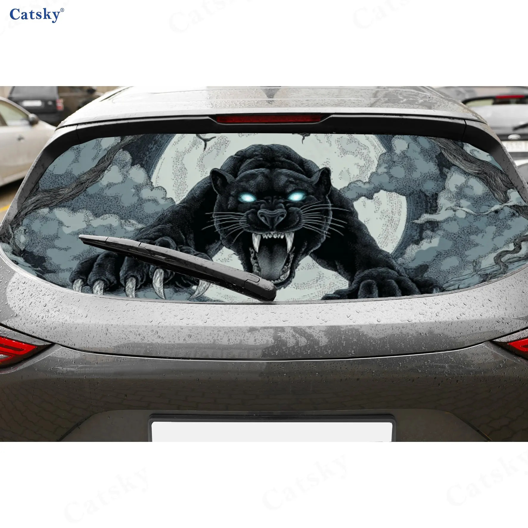 

Fierce Wild Moonlit Blue-Eyed Panther PVC Perforated Car Vinyl Wraps, Durable Car Rear Windshield Sticker, Waterproof Car Rear W