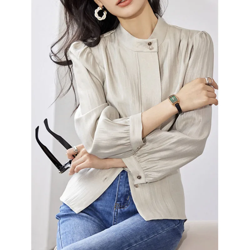 

Women Blouse New Stand Collar Long Sleeve Loose Fit Shirt Fashion Top Autumn 2023