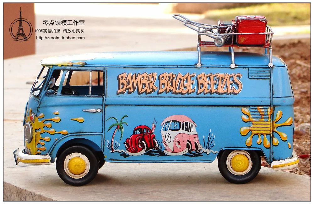 1970s American Hippie Bus Handmade Antique Metal Car Models Retro Vintage Automobile Model Cafe Bar Decoration Iron Art