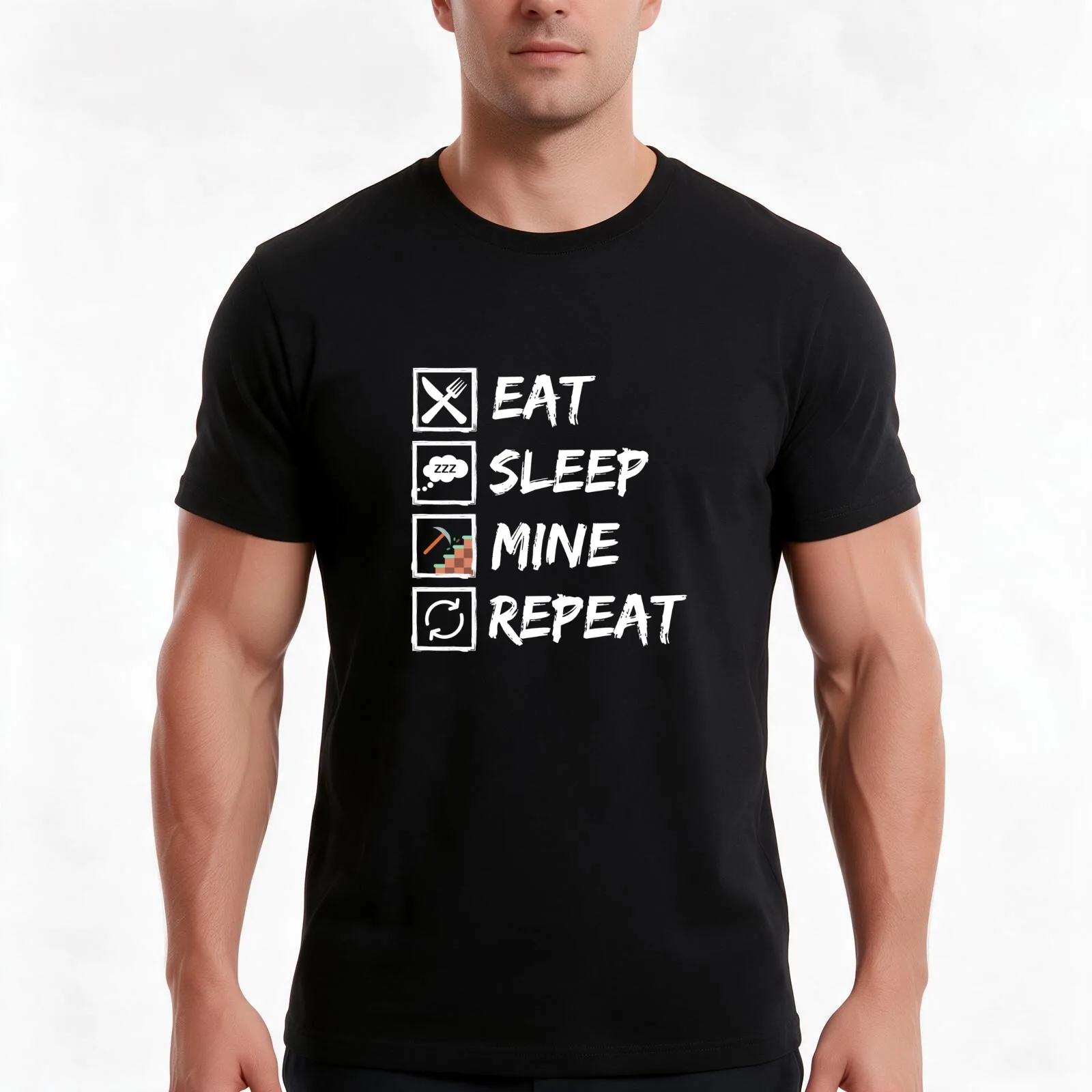 Eat Sleep Mine Repeat T-Shirt, Summer Casual Cotton Tee, Oversized Streetwear Tops, Vintage Graphic Print, Unisex Men Women