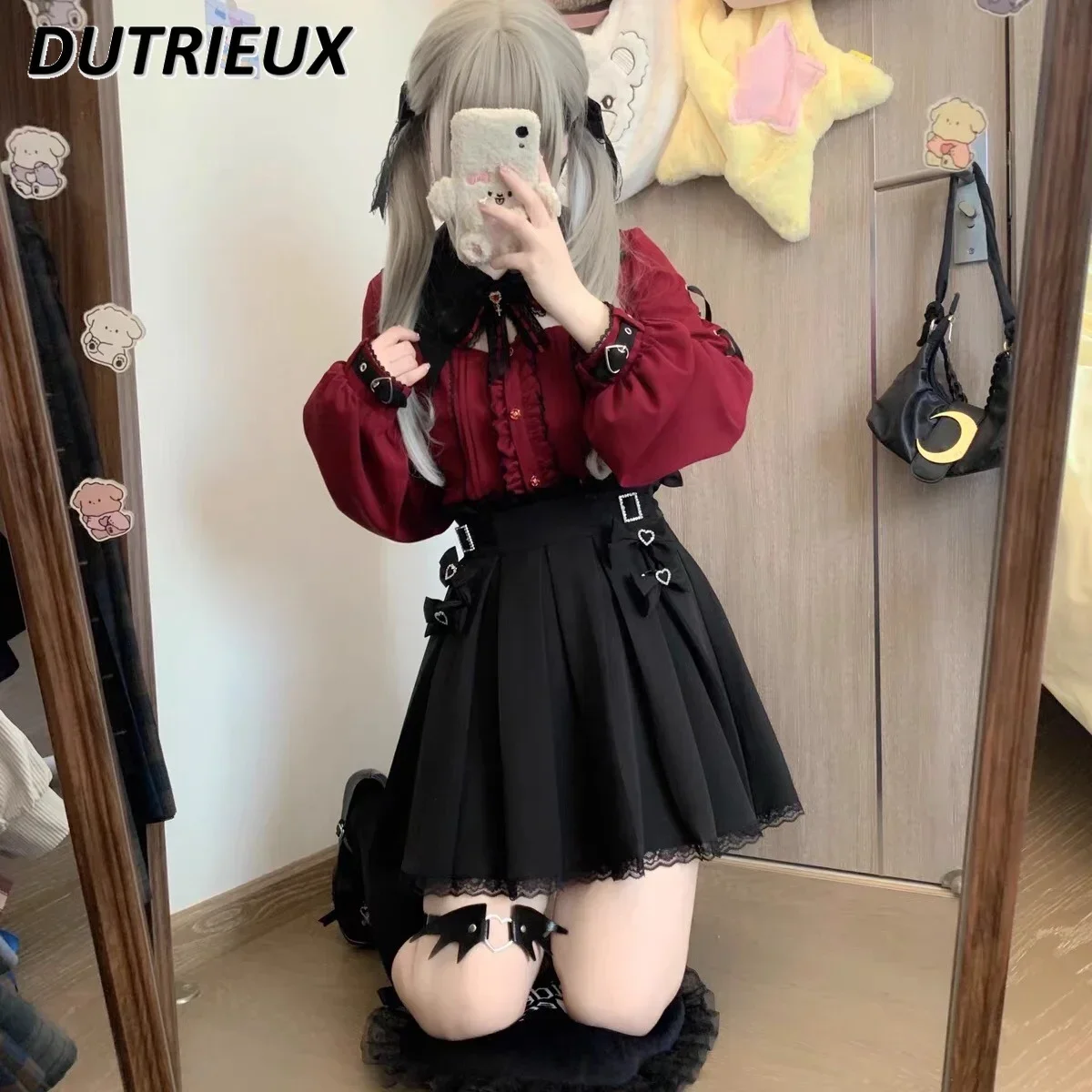 Halloween Sweet Cool Mine Style Tops Bat Lace Collar Black Red Long Short Sleeve Shirt Top and Short Suspender Skirt for Women