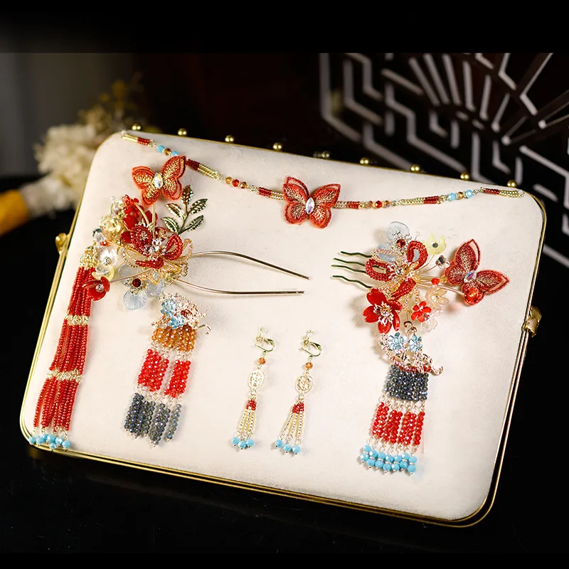 Xiuhe Headdress Red Flower Costume Chinese Wedding Jewelry Hair Clasp Simple and Elegant