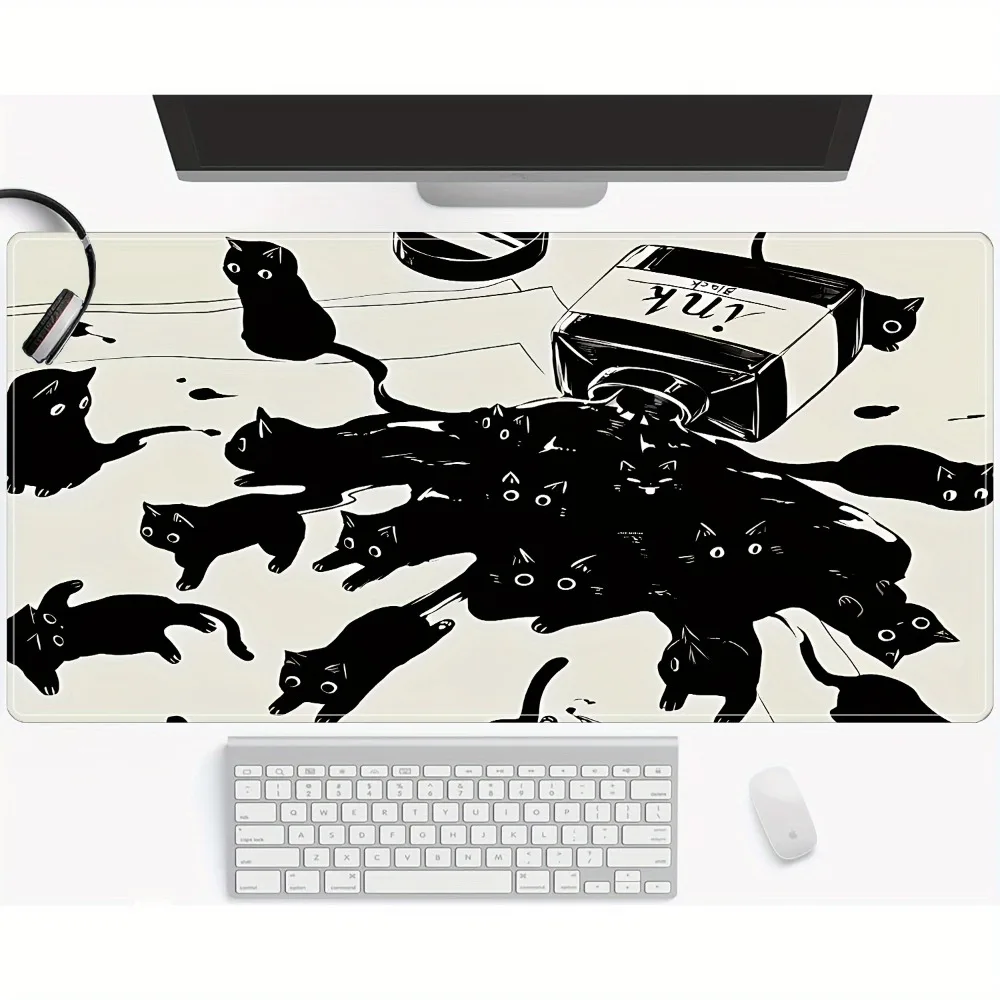 

Anime Black Cat Design Large Gaming Mouse Pad Stitched Edges Non-Slip Waterproof Rubber Desk Mat for Office Daily Use