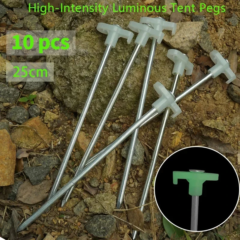 10pcs/lot 25cm Fluorescent Tent Peg with Storag Bag Luminous Tent Stake Tarp Pegs Canopy Awning Nail Outdoor Camping Accessories