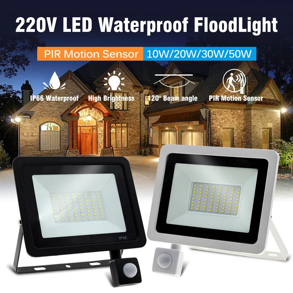 Luz de inundación LED con Sensor de movimiento PIR para exteriores, foco de proyector impermeable IP66, AC220V, 100W, 50W, 30W