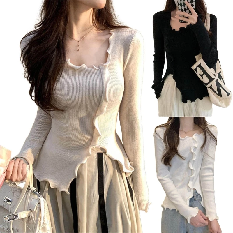 

Женские рубашки с длинным рукавом и v-образным вырезом, осенняя одежда 2023, вязаный свитер в рубчик с рюшами, облегающая