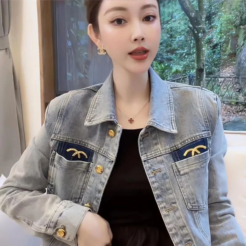 Vintage Embroidery Spring Autumn Denim Jacket Women Clothes Trend Coats Short Tops Long Sleeves Outerwear Streetwear Blue Cowboy