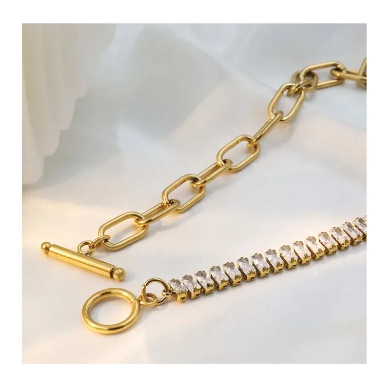 

Fashion Titanium Steel Chain Splicing Zircon Necklace Women's Style High-end Buckle Necklace Jewelry