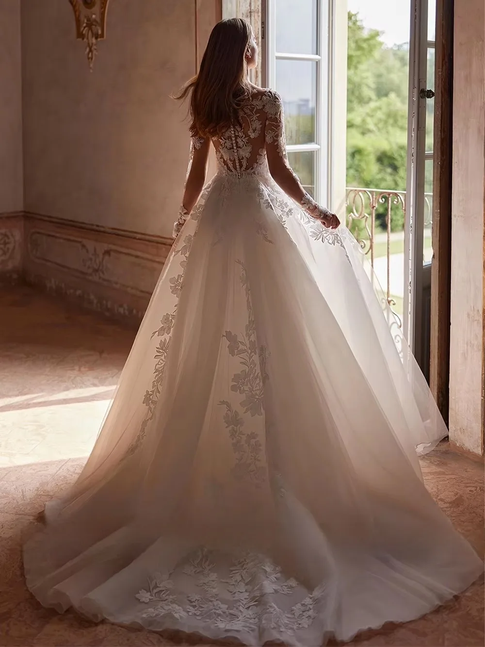 Robe de Mariée à Manches sulfet Col Rond, Personnalisée, Transparente, avec Appliques, Traîne, Ligne A, 2025