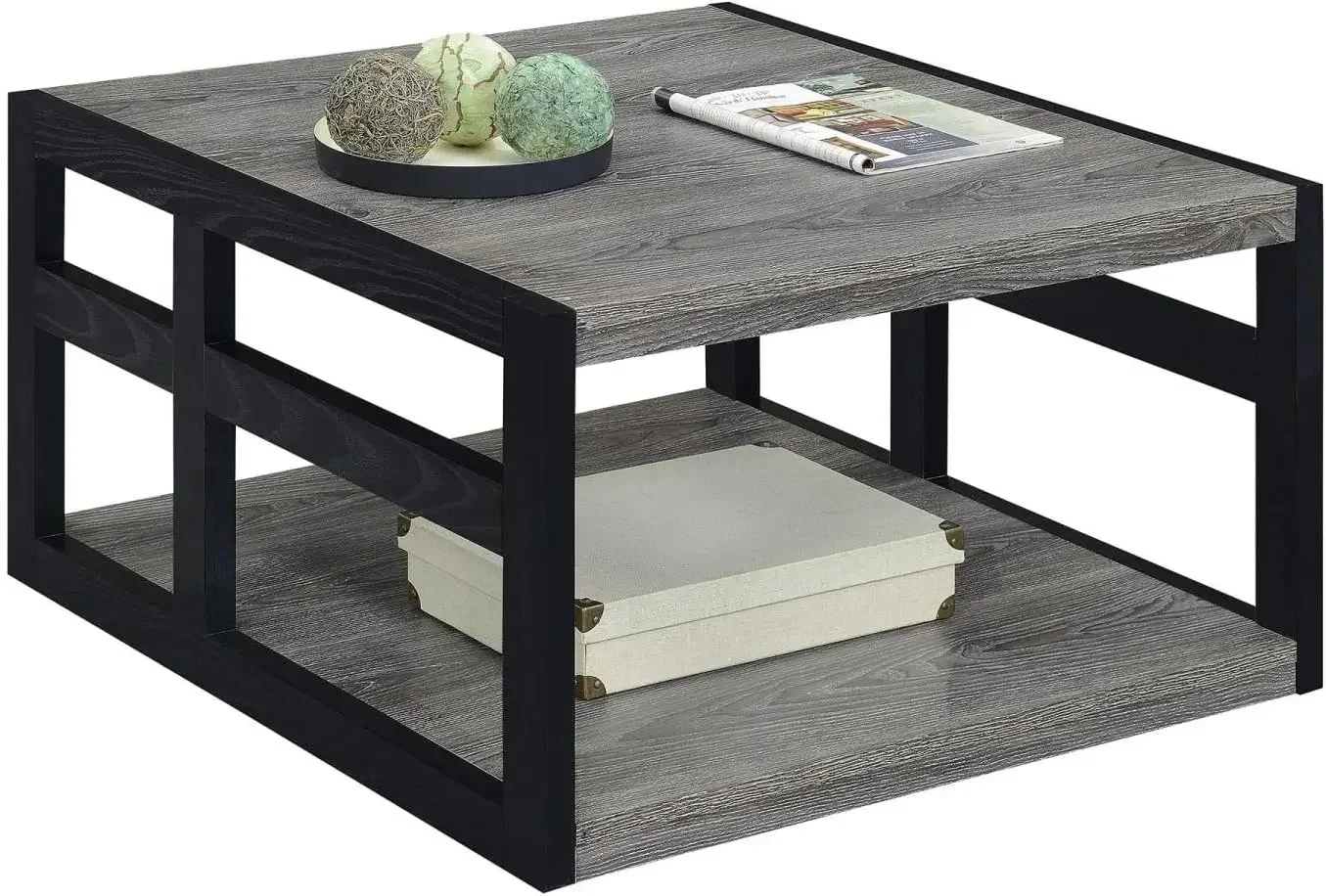 Monterey Square Coffee Table with Shelf, Weathered Gray/Black