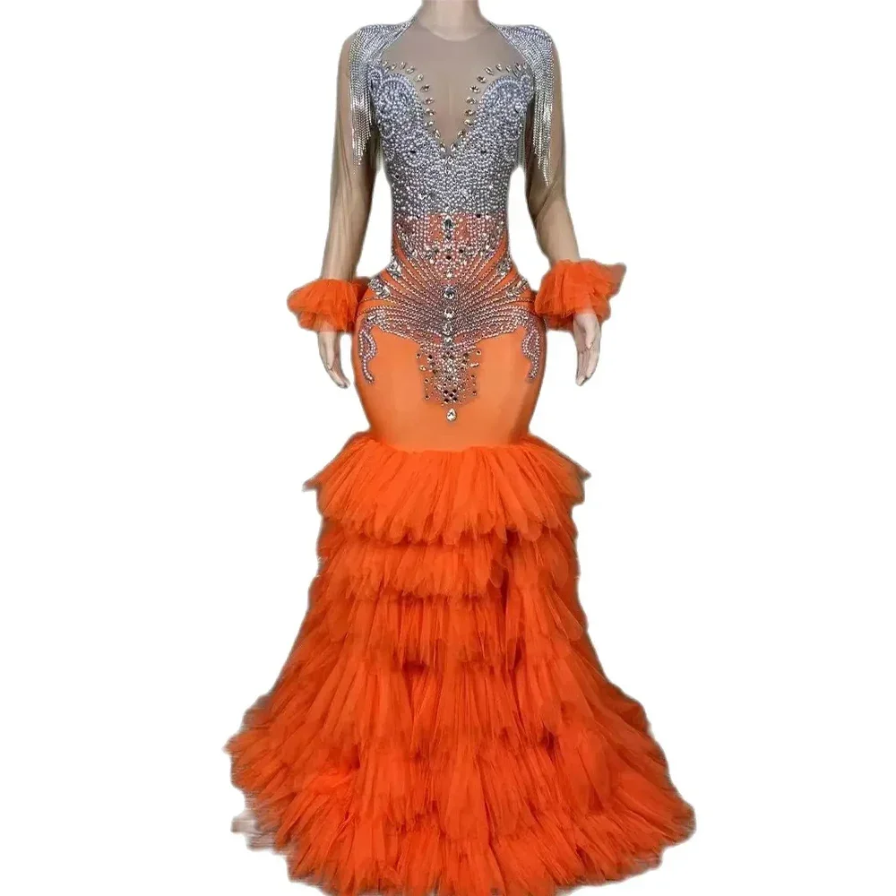 Orange Rhinestone Birthday Dress  Women Singer Stage Show Evening Prom Wedding Drag Queen Club  Wear