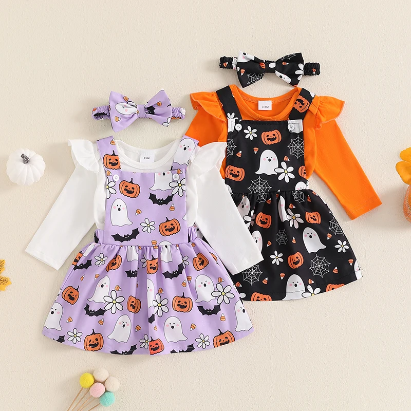 

Suefunskry Baby Girls Halloween Set Long Sleeve Ruffled Romper Pumpkin Ghost Print Overalls Skirt Hairband 3Pcs Outfits