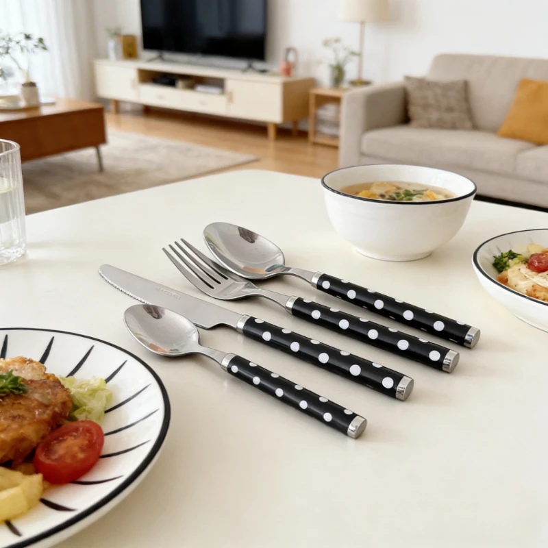 

Набор столовых приборов из нержавеющей стали с длинными ручками и утолщенным дизайном в горошек: вилки, ложки, набор для стейка, домашний набор для западной кухни, набор столовых приборов для дома