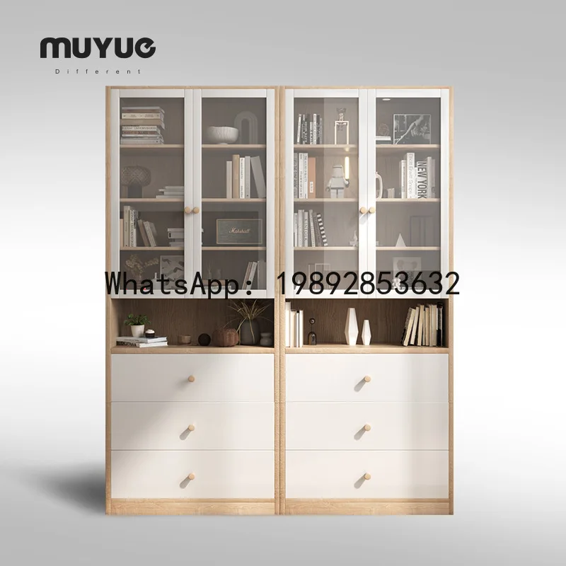 CZ Bookshelf and Bookcase Combination Modern Simple Glass Door File Cabinet Natural Wood Color Storage Display Cabinet