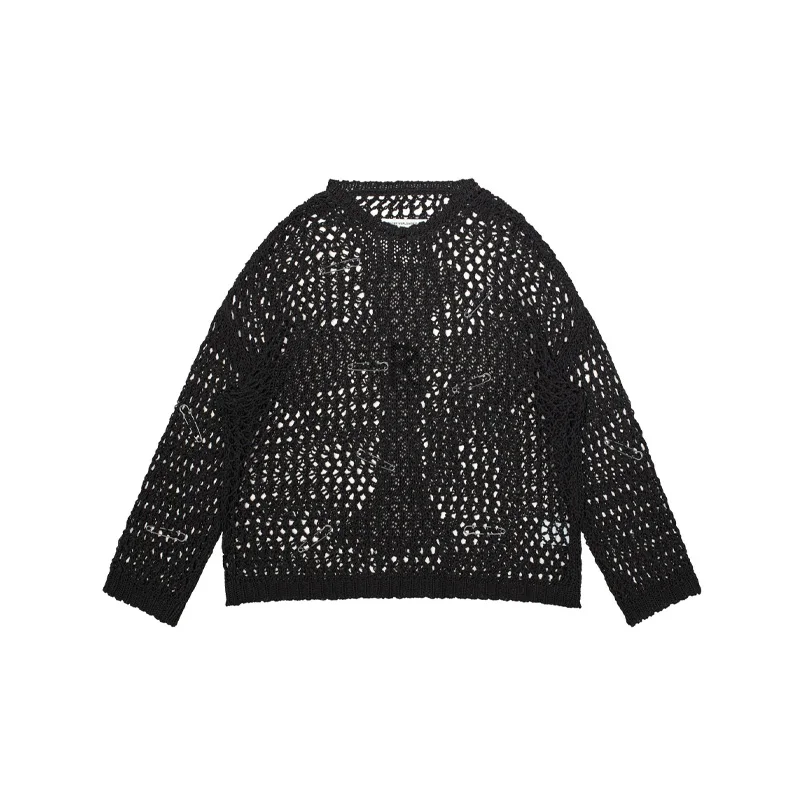 Atasan Rajut Gothic Y2K Berlubang Wanita, Atasan Smock Lengan Panjang Transparan, Sweater Jaring, Rajutan Longgar, Atasan Chic Terbaru 2025