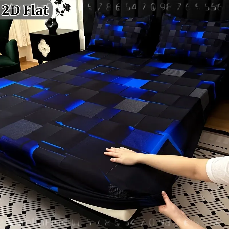 3 Piece Plaid Fitted Sheet Set with 2 Pillowcases Digital Print Deep Pocket 15 Inch Mattress Protector for Home Dorm All