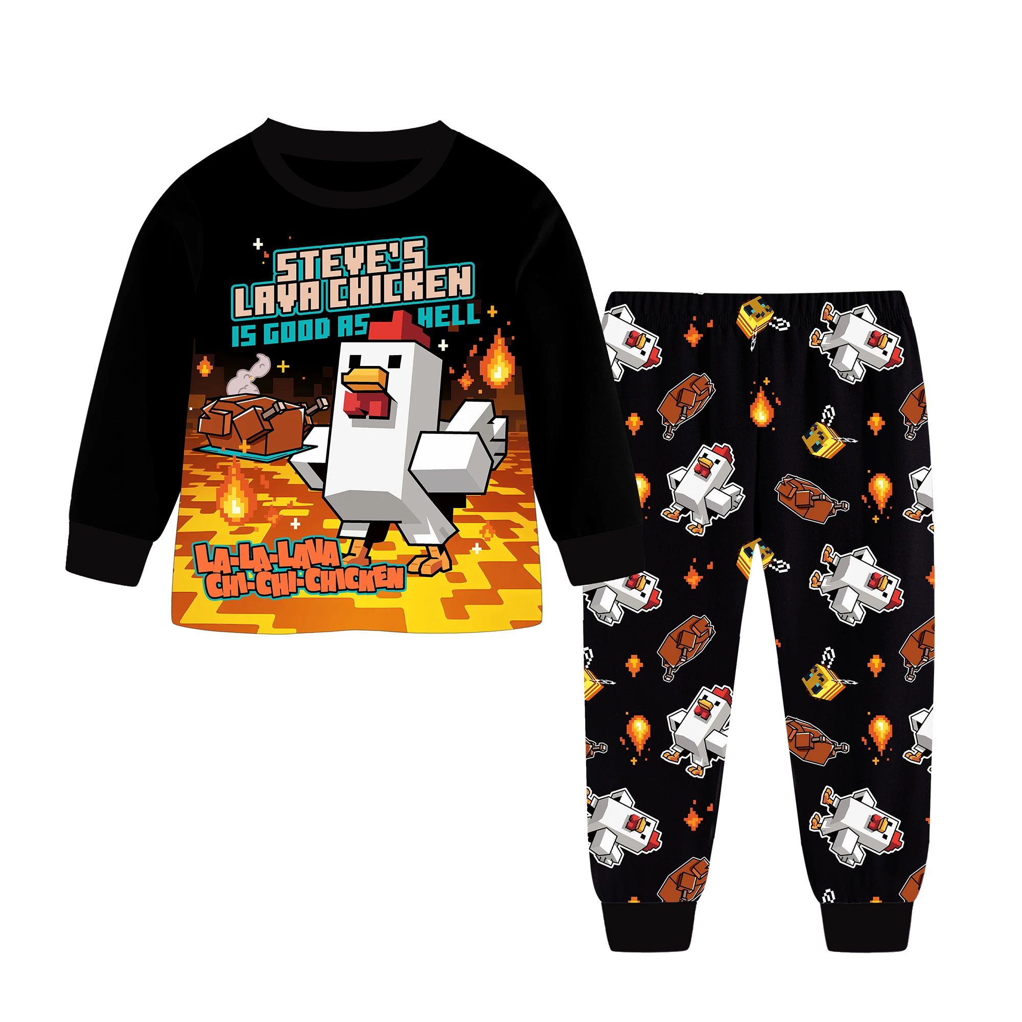 Steve's Lava Chicken Jockey Jungen-Pyjama-Set, Langarm-Schlafanzug, Cartoon-Baumwollkleidung, Nachtwäsche für Kinder im Alter von 6-13 Jahren – Detail 3