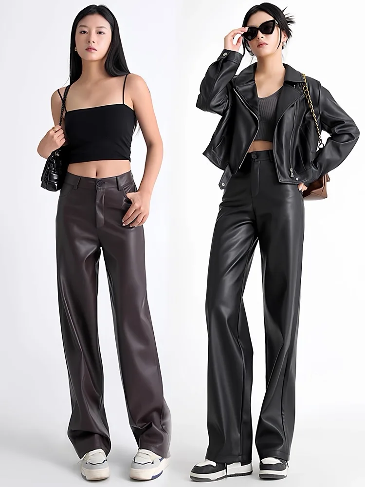 

Женские кожаные брюки с высокой талией, широкими штанинами и эффектом драпировки, прямые, повседневные, осенне-зимние, новинка