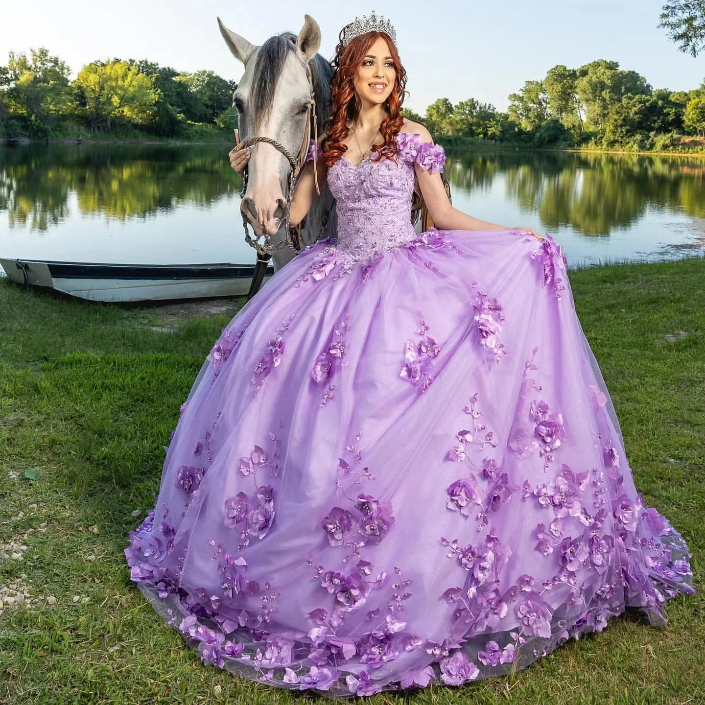 Roxo flores artesanais quinceanera vestido fora do ombro rendas apliques contas de 15 16 anos