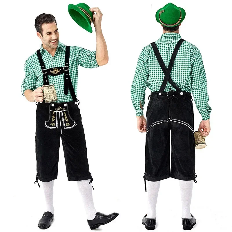 حجم كبير الرجال التقليدية مهرجان أكتوبر Lederhosen مع الحمالات قبعة ازياء مجموعة للبيرة الذكور زي هالوين تنكري البيرة