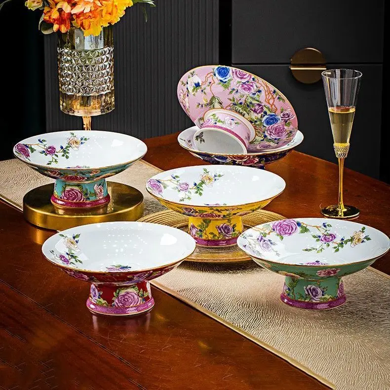 

22x9cm Jingdezhen High Foot Fruit Plate Ceramic Dessert Plate Chinese Style Enamel Colors Tableware Household Snack Plate