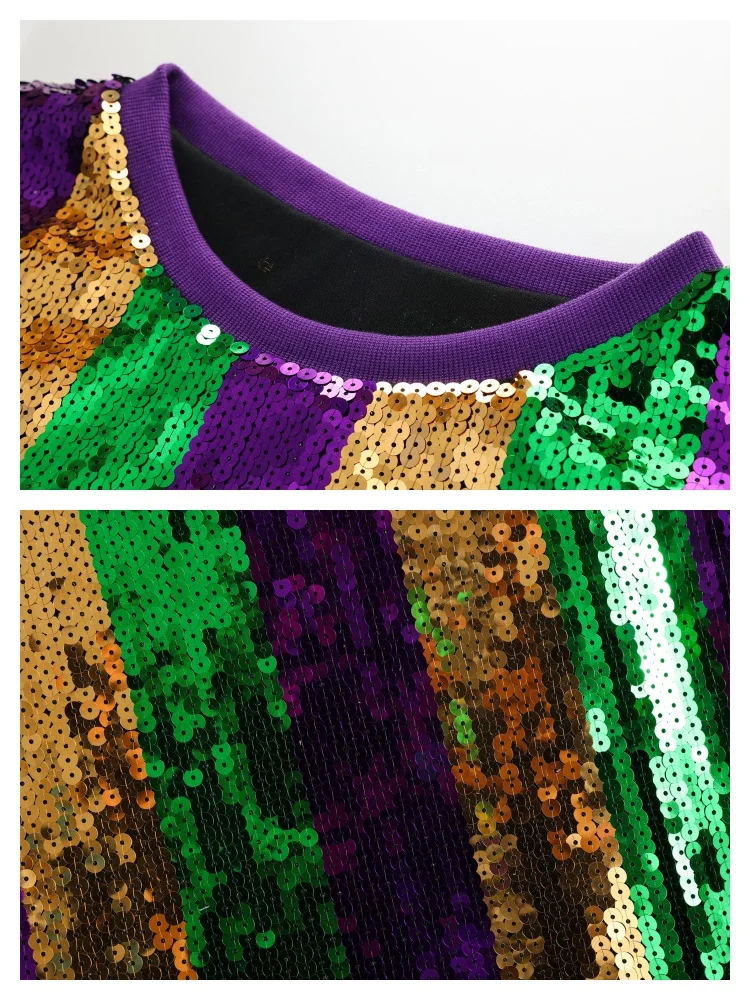 Brilhante tri cor verde ouro roxo lantejoulas listra camisa vestido 2025 mardi gras festival vestuário para mulher