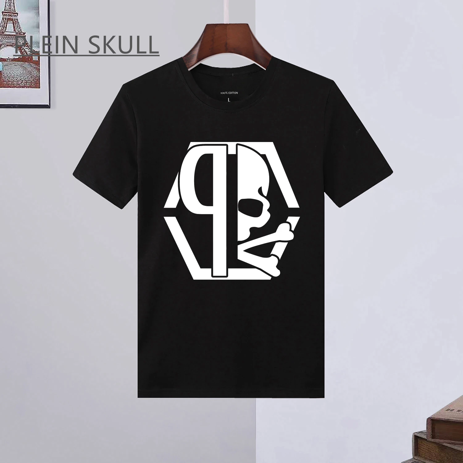 

Дышащая мужская футболка для фитнеса PLEIN SKULL, классическая летняя футболка в стиле ретро, топ с короткими рукавами, круглая спортивная футболка унисекс с воротником