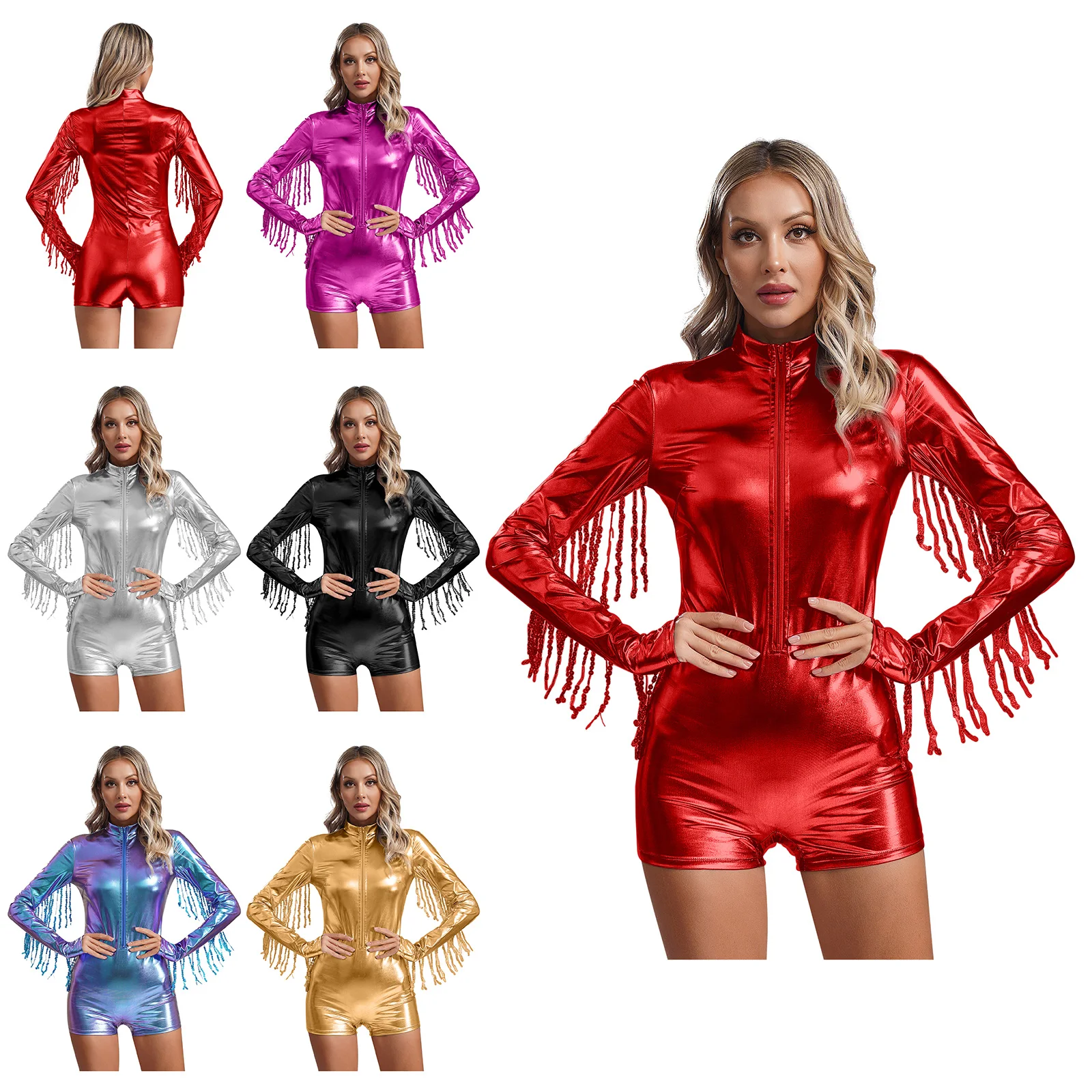 Vrouwen glanzend metallic jazz discodans bodysuit lange mouw pailletten kwastjes jumpsuit dans biketard turnpakje voor party clubwear