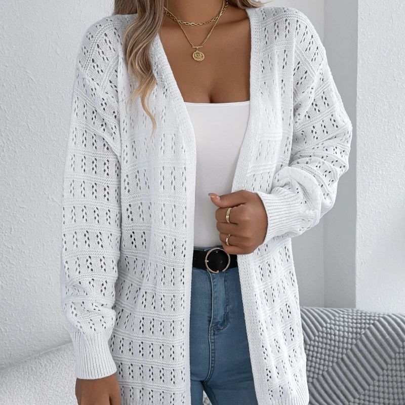 

Осень-зима, однотонный кардиган средней длины, женские вязаные свитера с вырезами, модная повседневная свободная легкая верхняя одежда, топы