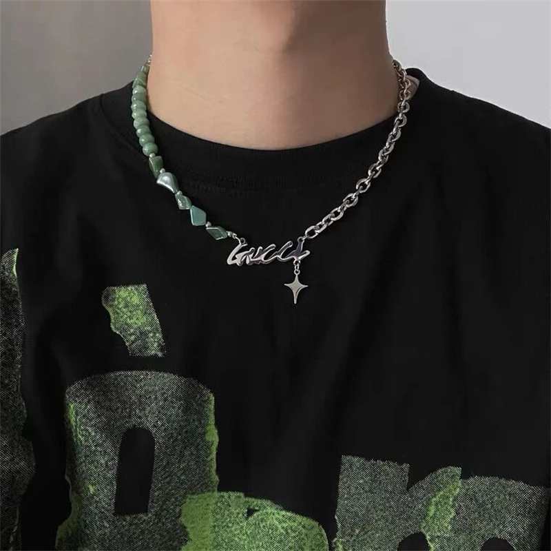 Retro Hip-Hop Neutral Style Cross Letter Pendant Irregular Agate Stitching Metal Necklace Couple Minority Accessories Gift