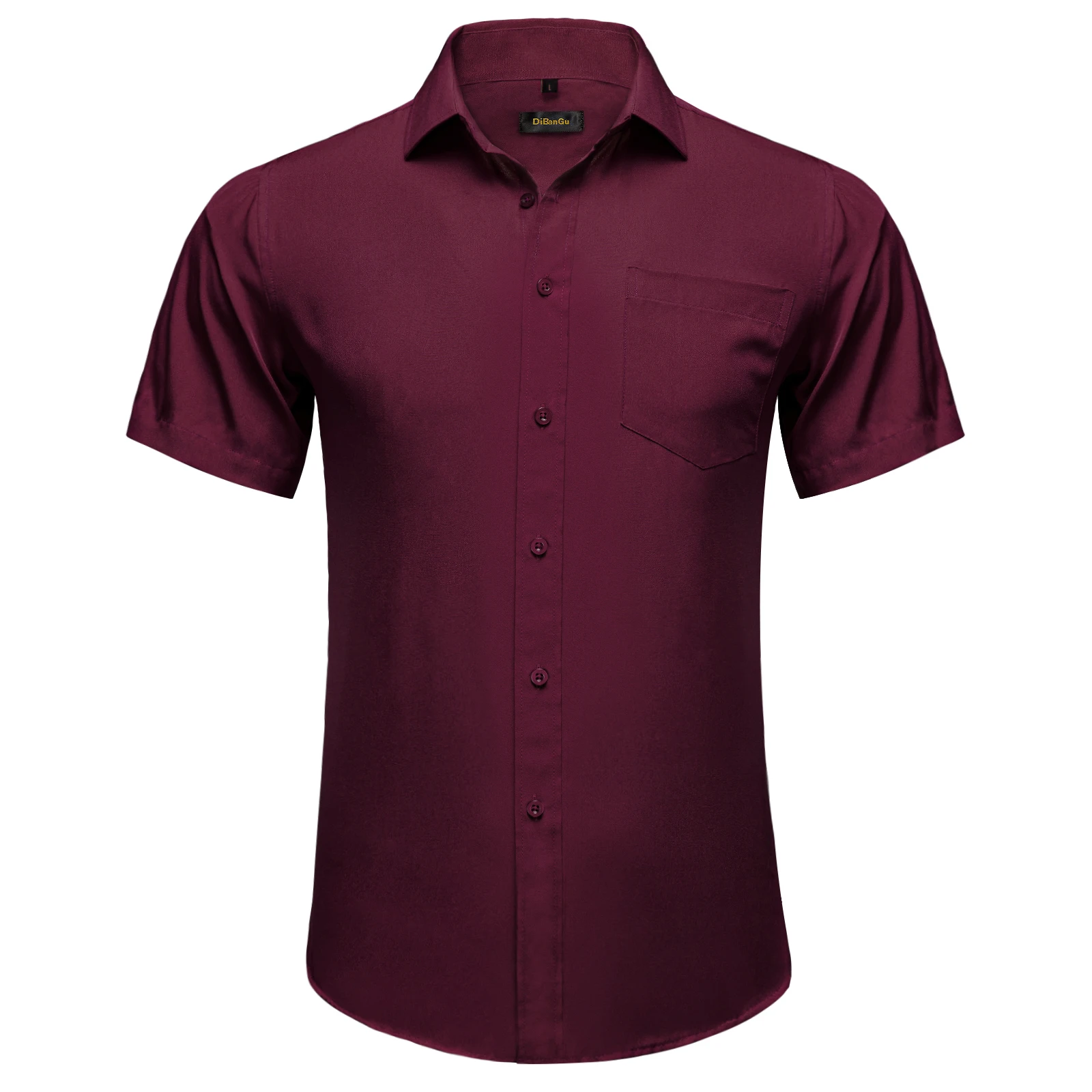 Burgundy Men Cotton Casual Short Sleeve Summer Shirt Solid Men Clothing  Work Social Business Loose Blouse Tops