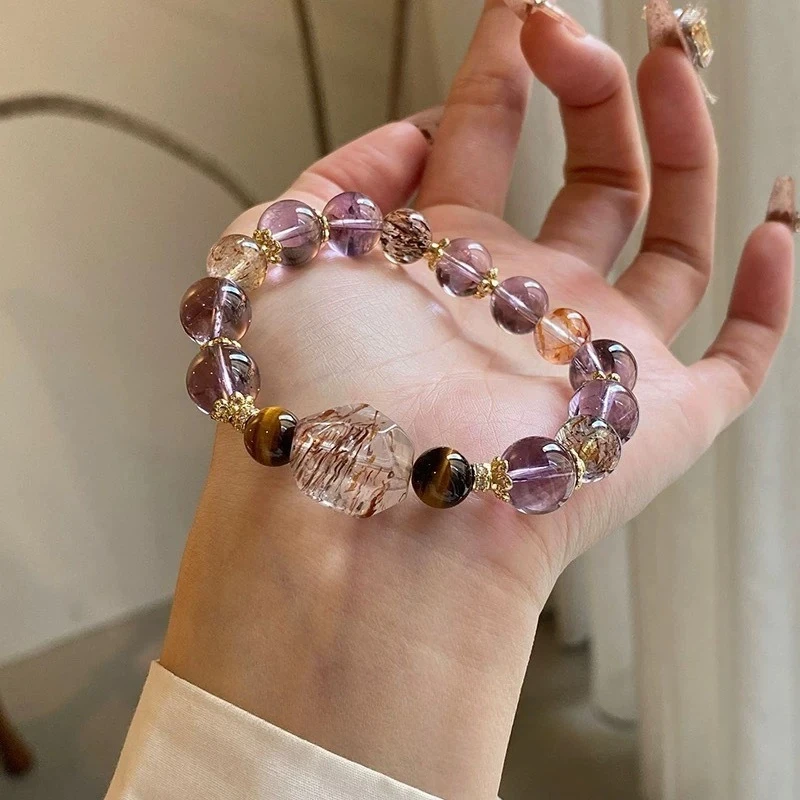 Natural Amethyst Bracelet, Unisex  Amethyst, Yellow Tower Crystal, Tiger's Eye Stone, Black Gold Super Seven Bracelet