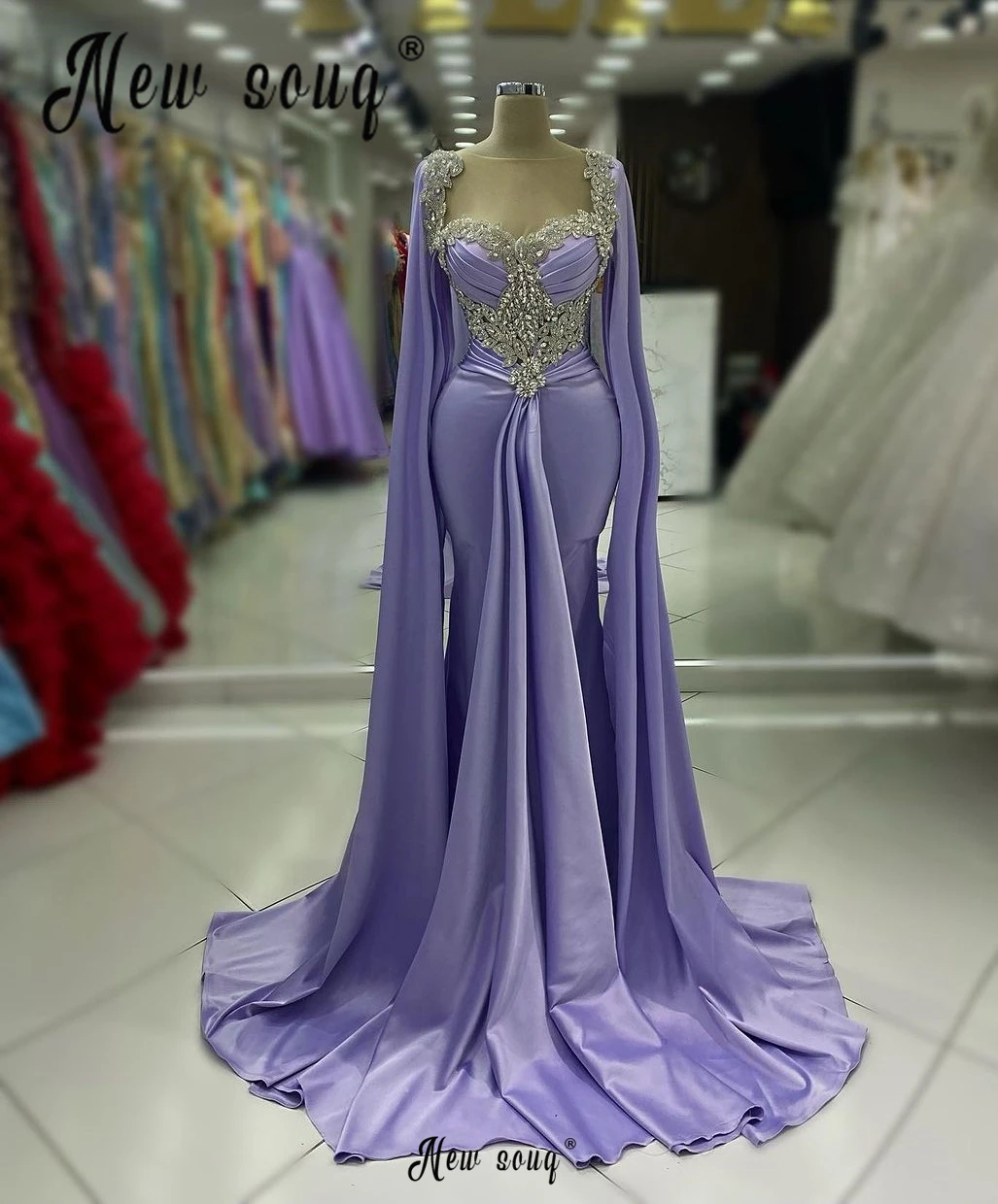 Arabic Elegant Lilac Long Cape Sleeve Plus Size Evening Dress Women's Wedding Dinner Party Gowns Customized Satin Prom Dresses