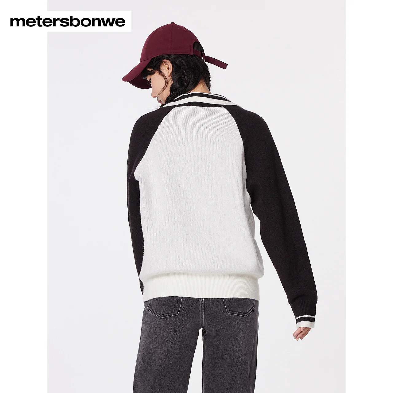 Metersbonwe-Women's Long Sleeves Sweater Color Clash V-Neck Stand Collar Polo Pullover  Comfortable Fir Campus Youth Winter