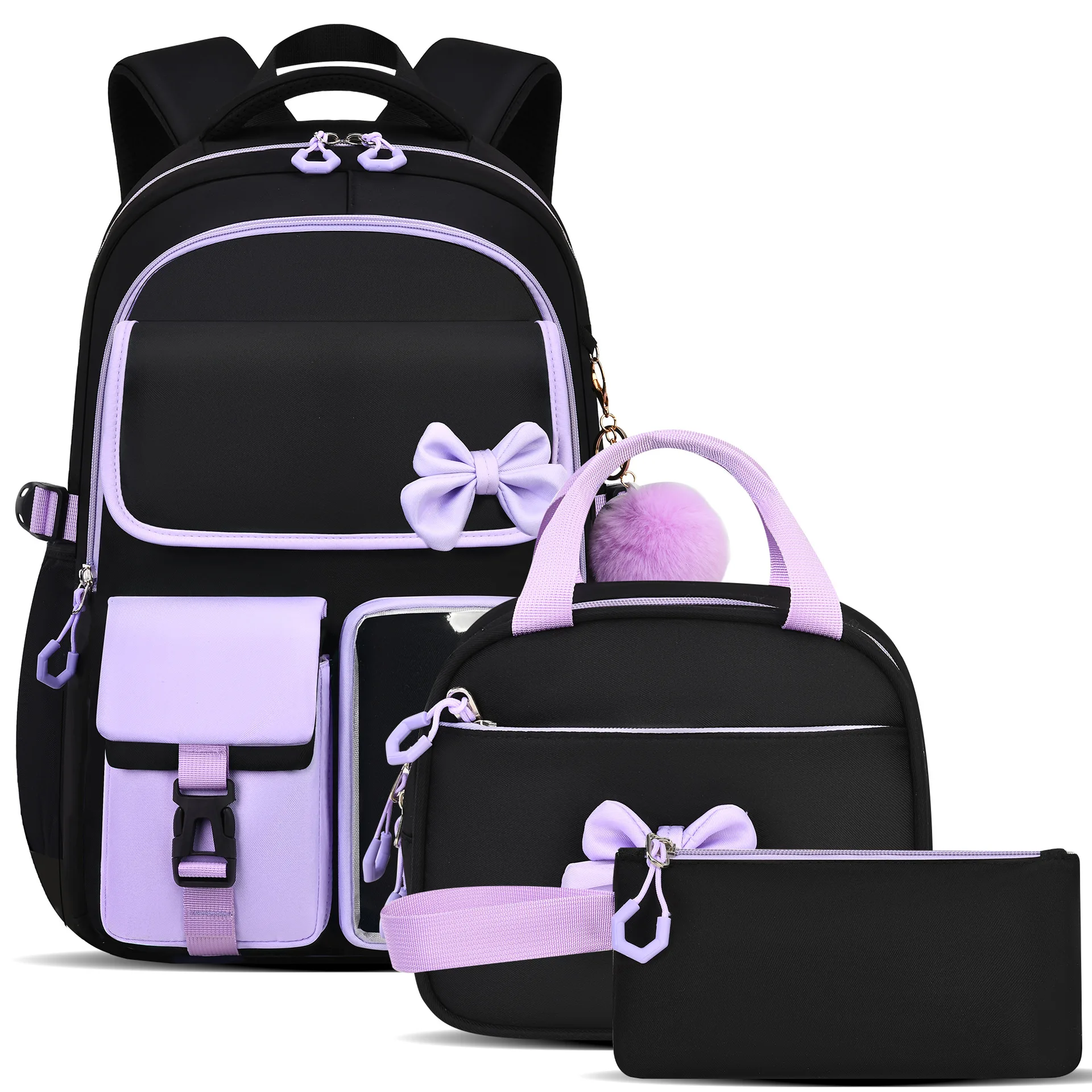 three-piece-purple-school-bag-set-casual-with-pen-bag-students-schoolbag-durable-with-lunch-bag-large-capacity-bow-backpack-book