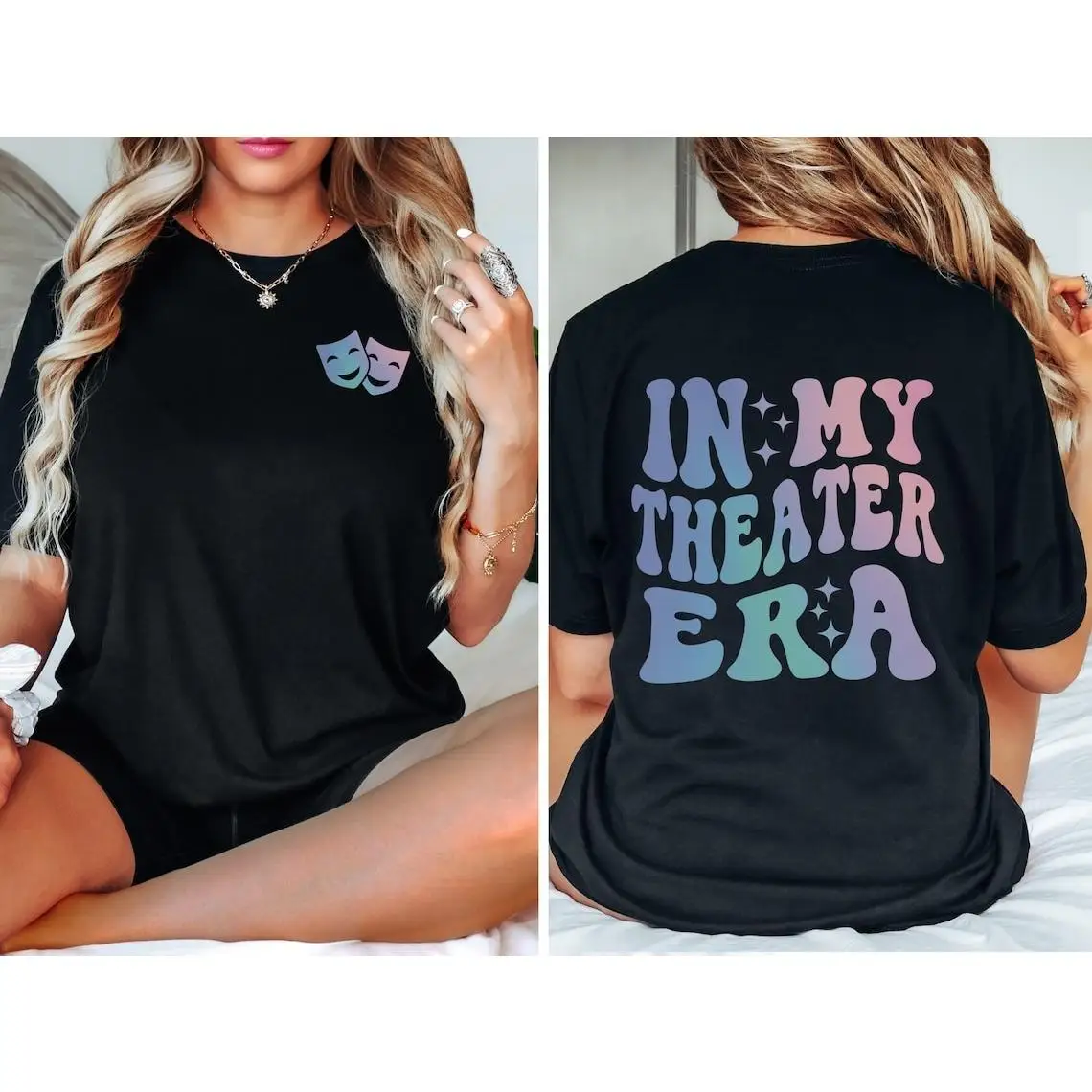 

"Trendy In My Theater Era T-shirt, Comedy Tragedy Mask Graphic Tee, Broadway Musical Fan Gift, Oversized Streetwear for Women"