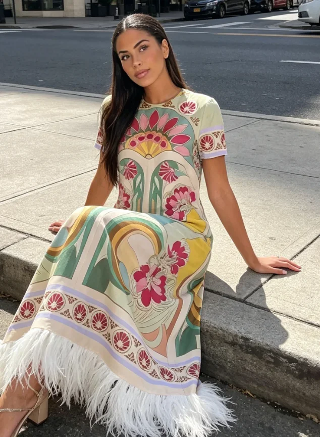 Image of Damen Maxikleid mit Blumenmuster und Federsaum, Kurzarm, Locker Geschnitten, Quastensaum, Elegantes Boho-Mode Freizeitkleid für Damen, Sommer 2026