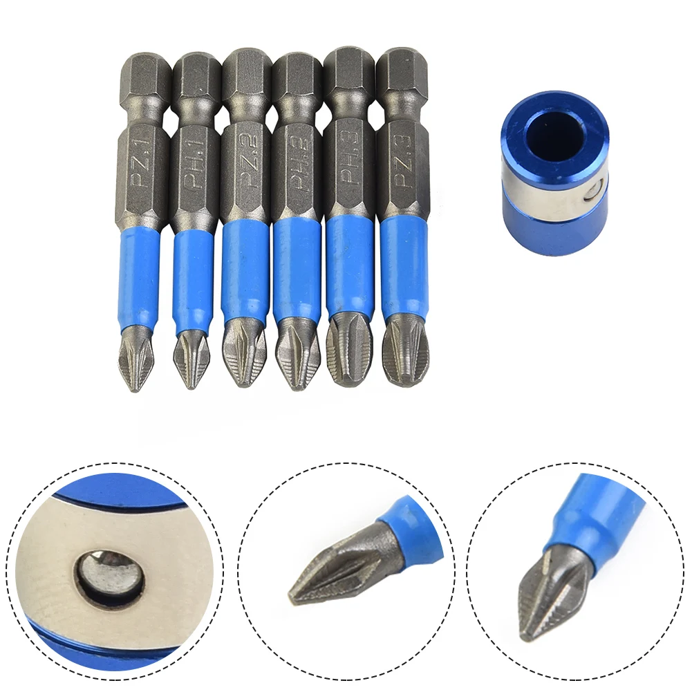 6Pcs 50mm PH1/PH2/PH3/PZ1/PZ2/PZ3 Non-slip Screwdriver Bit Set With Magnetic Ring For Drill Screwdriver Tools Accessories