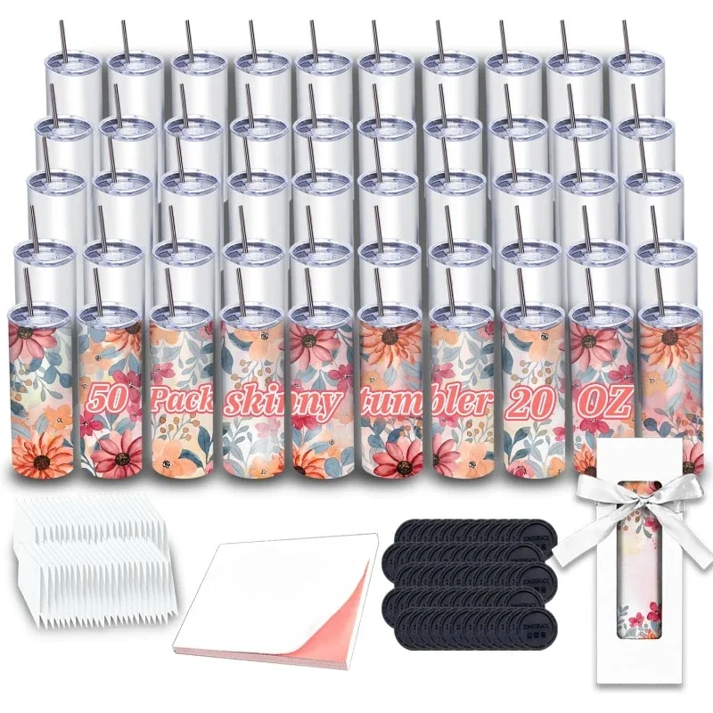 home.50 Pack Sublimation Tumblers 20 oz Skinny bulk,Stainless Steel Double Wall Insulated Straight Sublimation Tumbler Cups