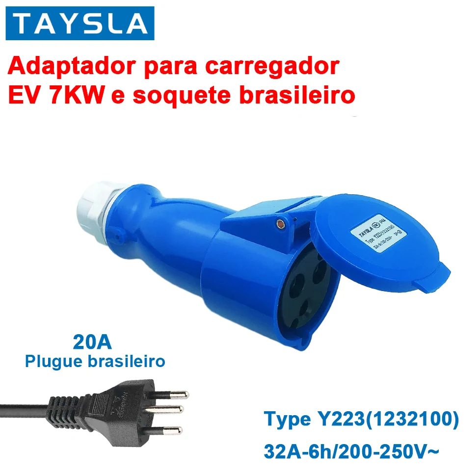 Adaptador de plugue fêmea, soquete brasileiro de 3 pinos, conector para 7KW EV Charger, 32A a 10A, 20A, 7KW a 3.5KW