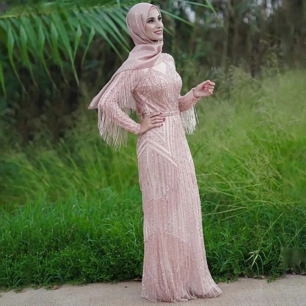 Hot sale Silver Muslim Luxury Evening Dresses Gowns 2023 Mermaid Beaded Tassel Elegant For Woman Party LA71166 With Best Price