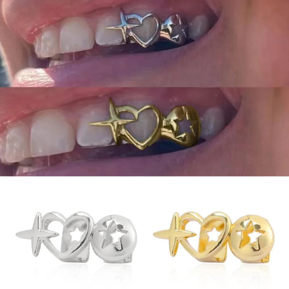 Grill Dental de Acero Inoxidable con Diseño de Corazones Dobles y Estrellas Huecas, Estilo Hip-Hop, para Hombres y Mujeres, Joyería Dental para Halloween