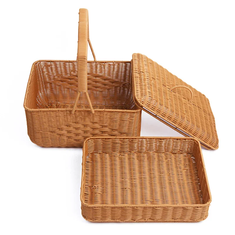 

Imitation rattan handmade outdoor bye rectangular going out storage picnic storage basket double ba