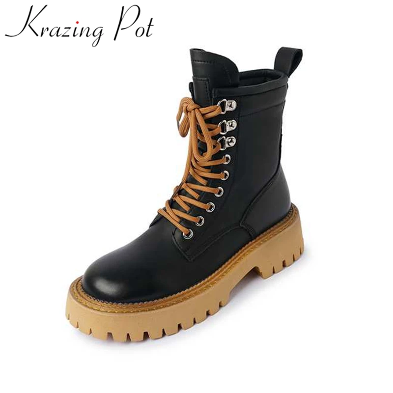 

Krazing Pot Cow Split Leather High Heels Zipper Cowboy Motorcycles Boots Winter Shoes Platform Elegant Office Lady Ankle Boots