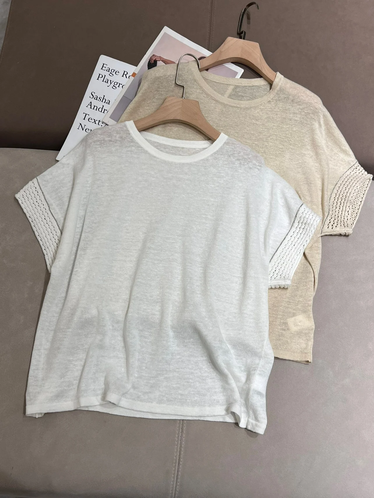 

Summer B*C Women's O-Neck Pullover Linen Shoulder Sleeve Sequined Thin Knitting Top's Female Casual Loose Clothes