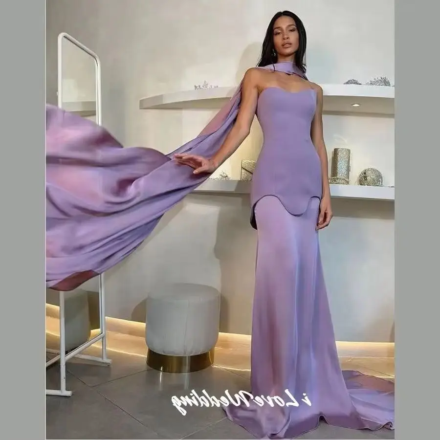 

Lavender Strapless Evening Dresses 2025 Satin Sleeveless A-Line Saudi Srabic Pleated Sweep Train Wedding Party Dress Customized