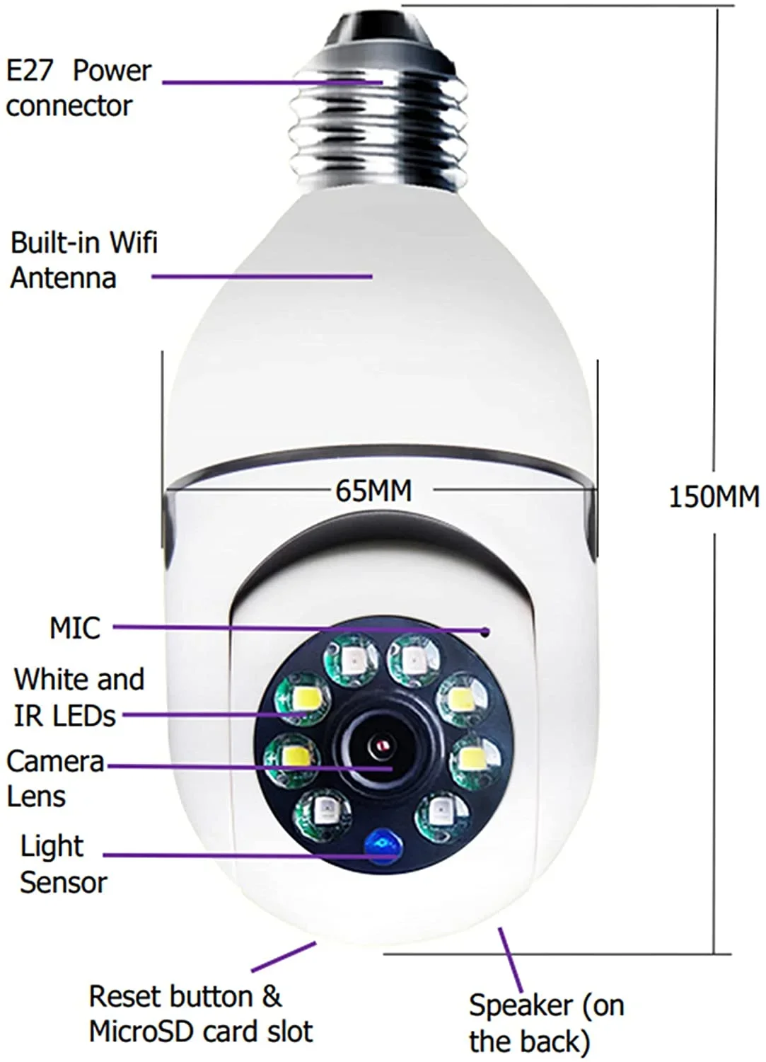 DIDSeth-Caméra IP Étanche 2MP avec Ampoule, Inda, Suivi existent, permission Vidéo, Audio Bidirectionnel, Sécurité, Caméra breton